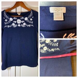 J‎ Crew Shirt Womens XXS Blue White Floral Embroidered Prairie Boho Bell Blouse